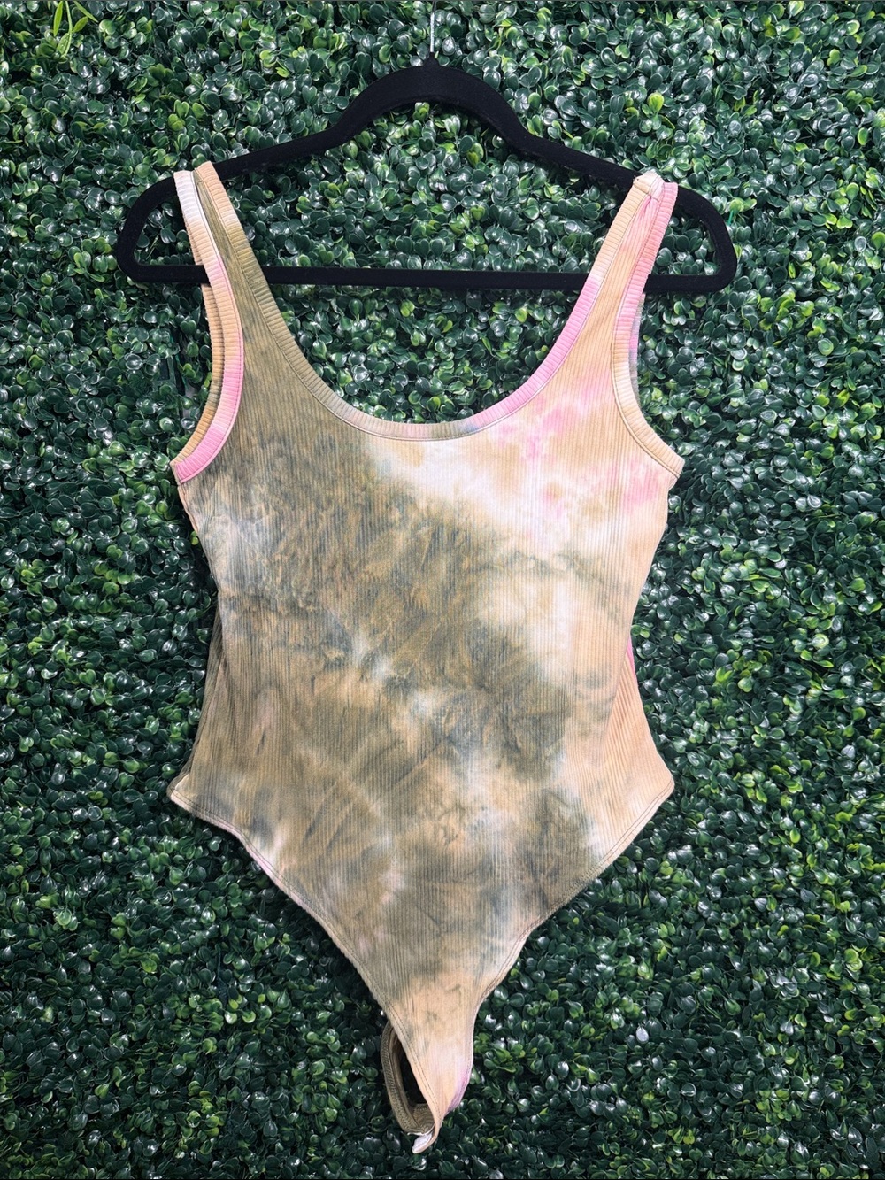 Derek Heart Olive and Pink Tie-Dye Ribbed One-Piece